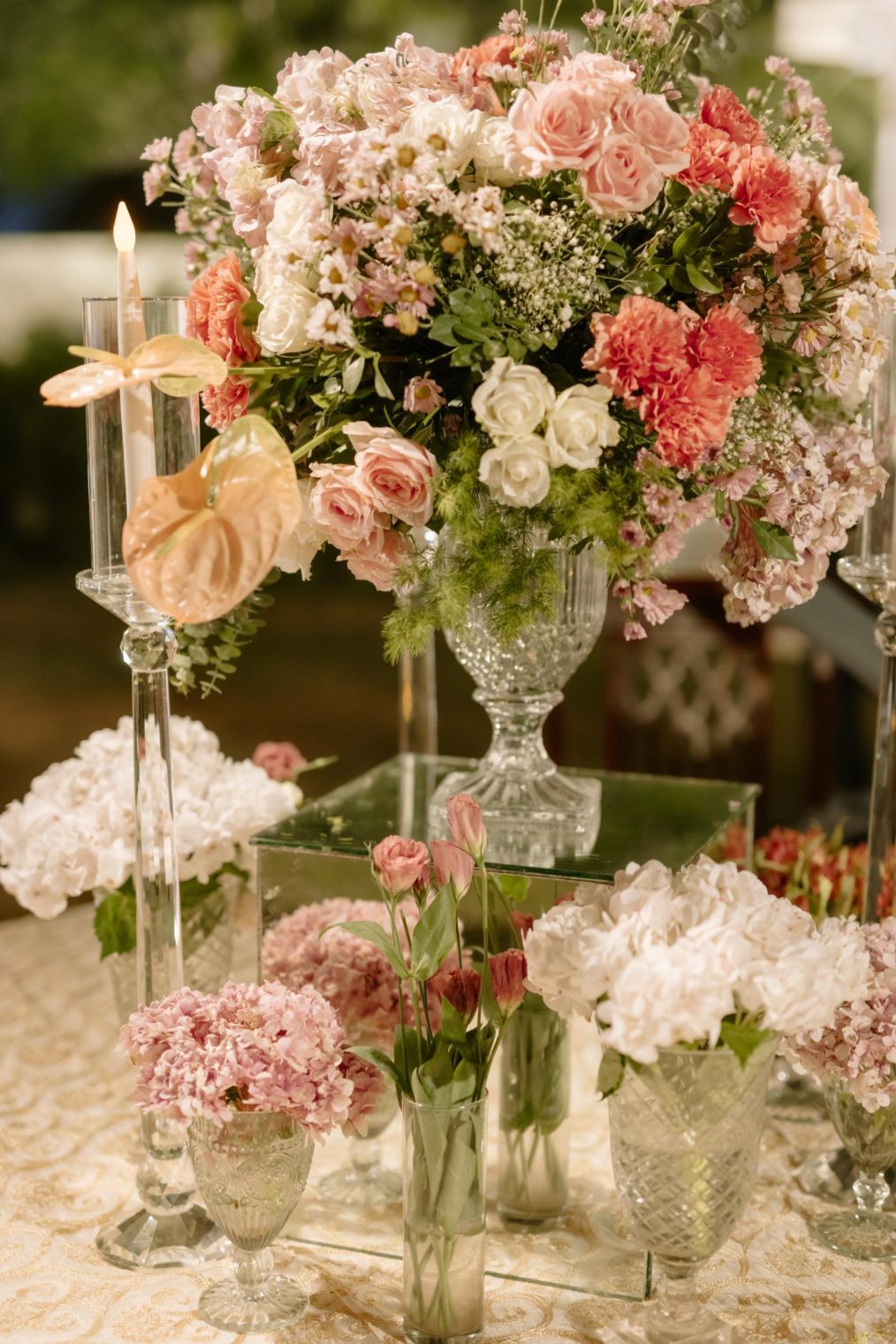 Tall pink and peach floral centerpiece