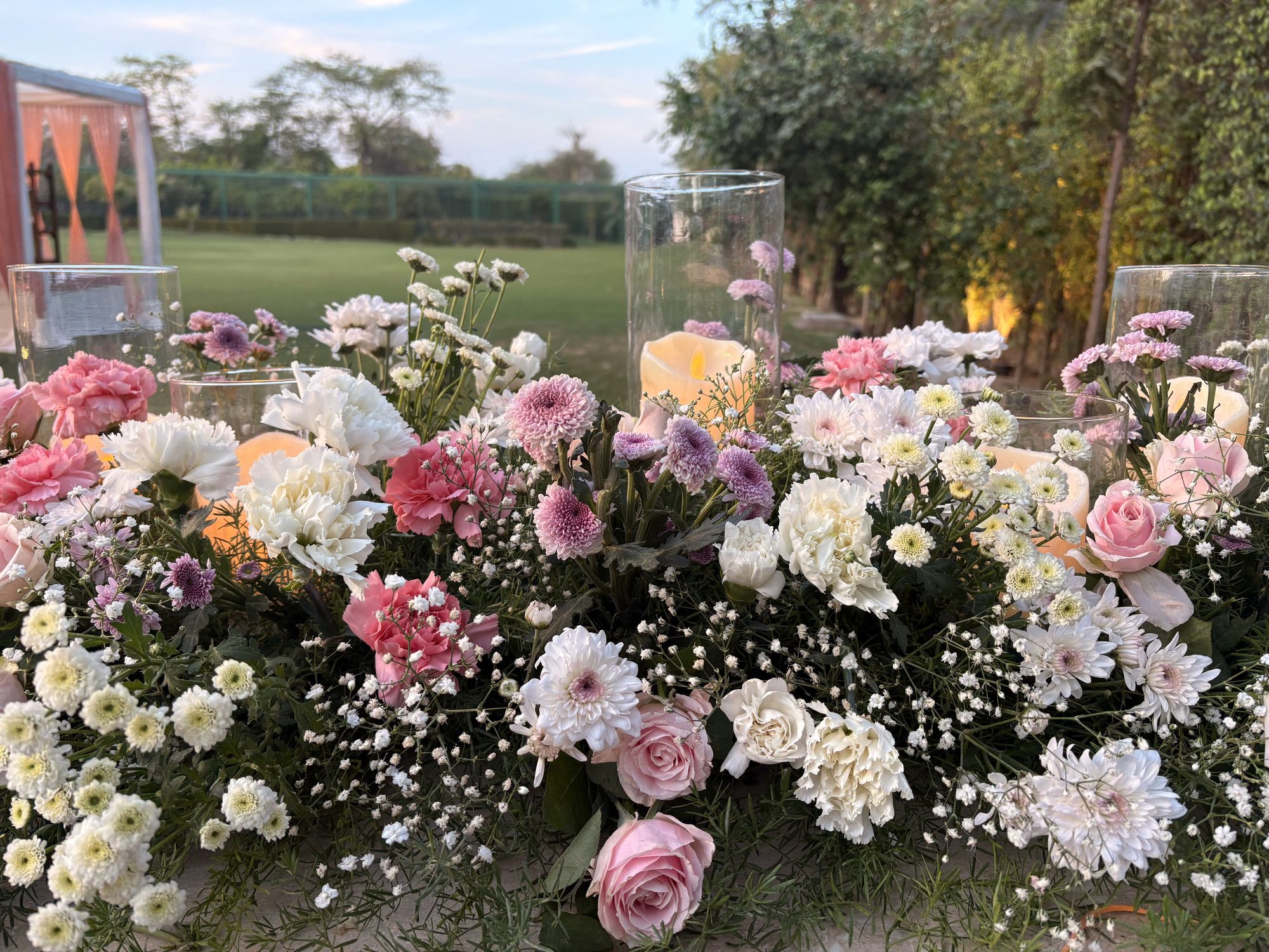 Garden floral centerpiece with baby's breath