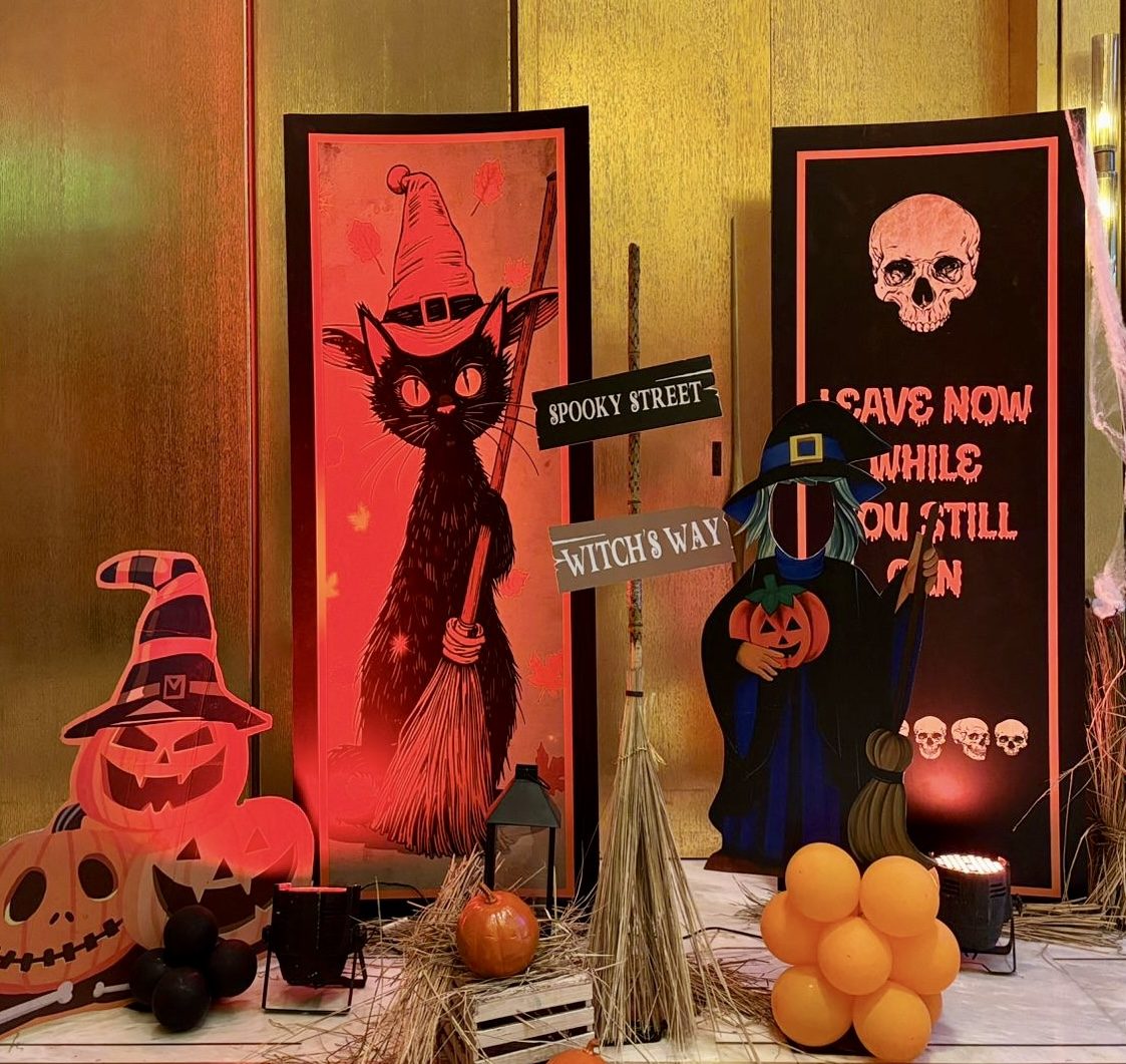 Halloween witches and skull backdrop
