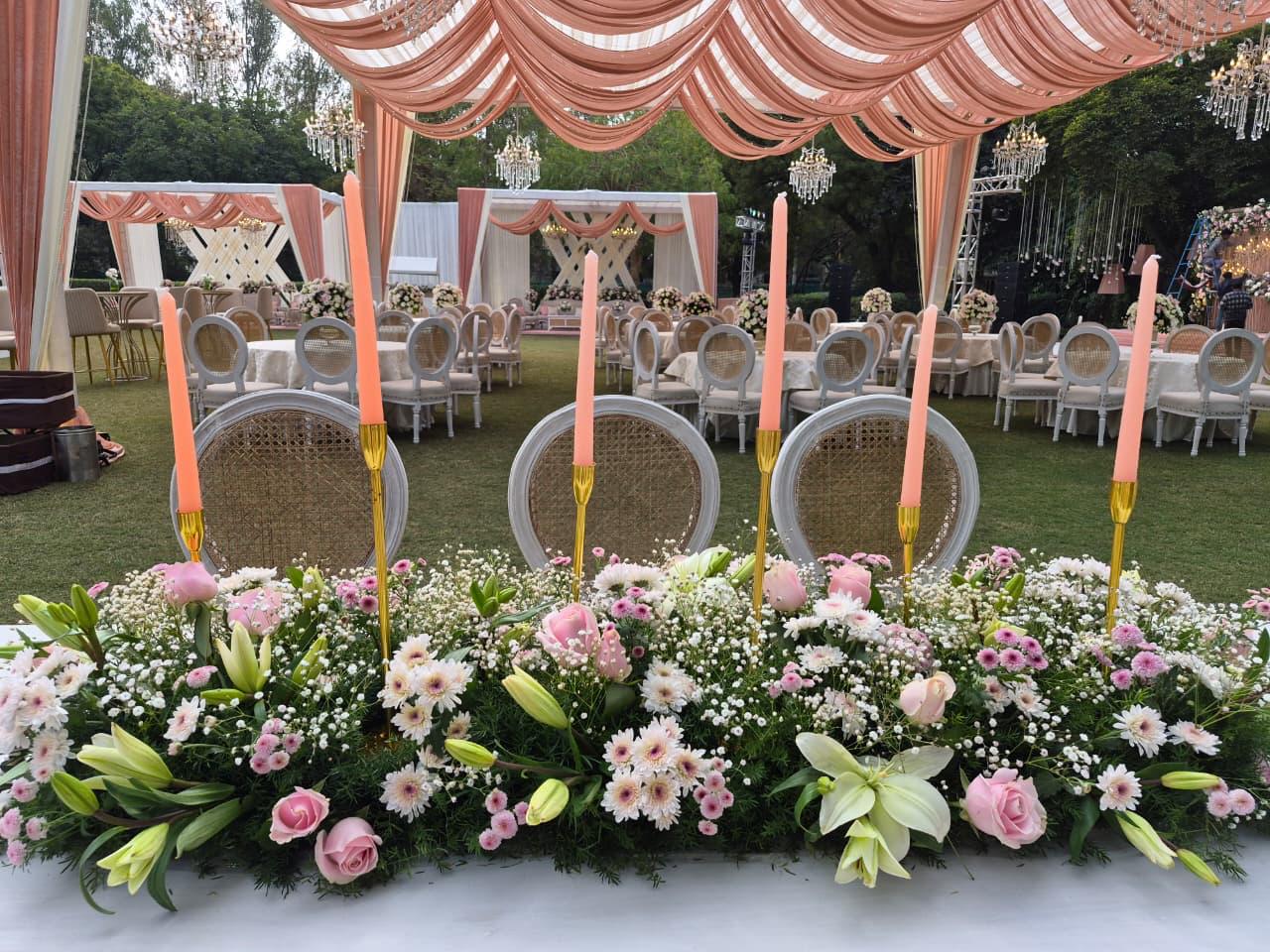 Floral stage with mirrored centrepieces