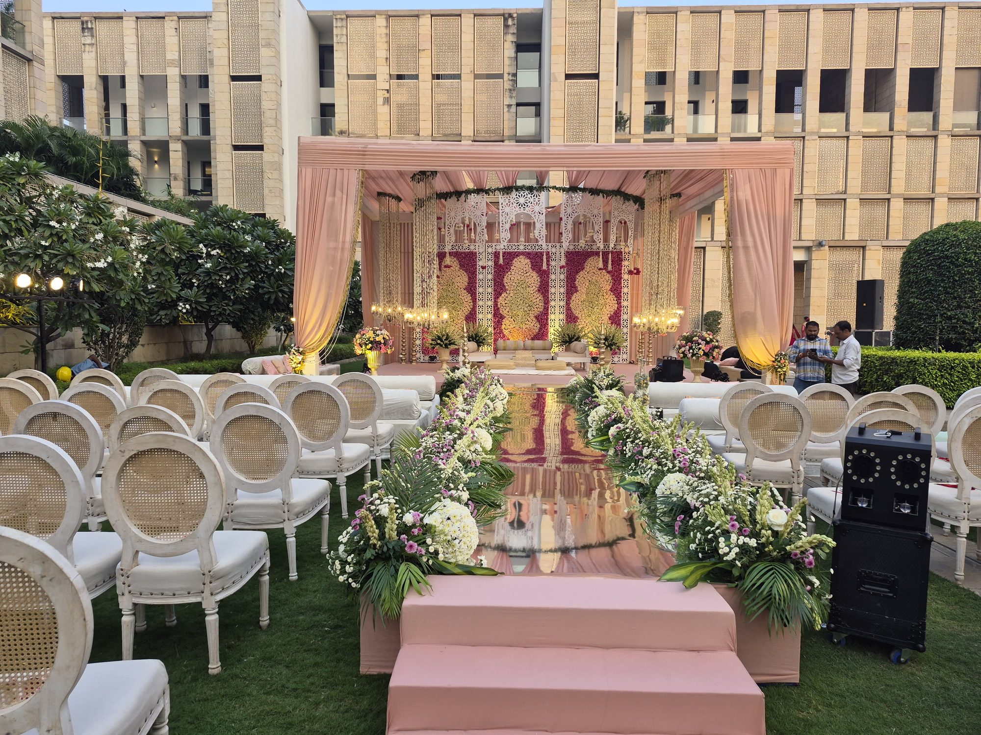 Floral fountain centerpiece with peacock